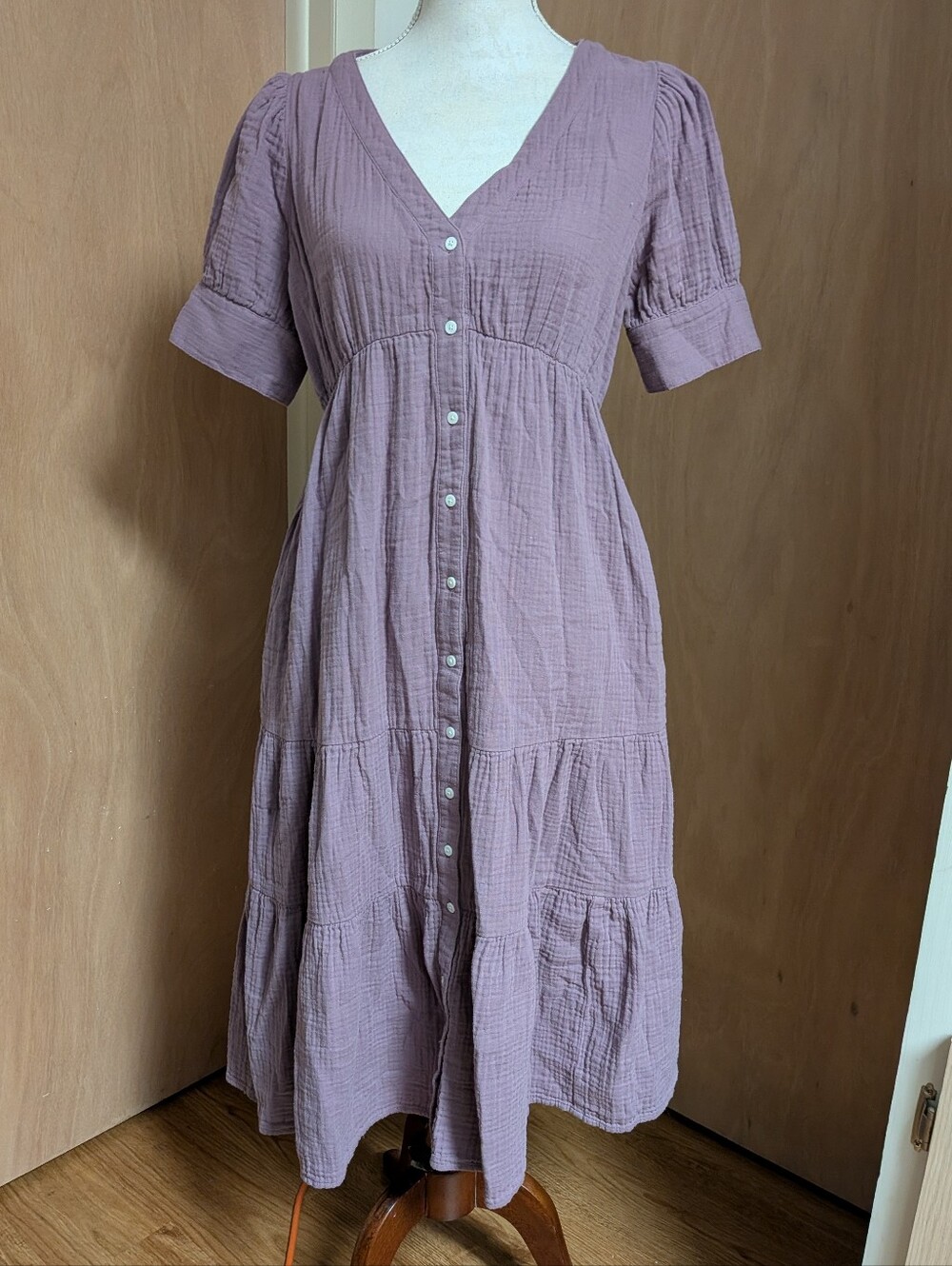 Madewell Mauve Gauze Puff Sleeve Tiered Midi Dress Size 6